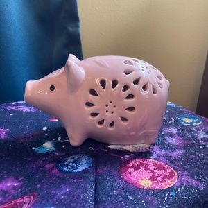 Pink Piggy Night Light LED Glossy Glass Floral Cut Out Multi-Color Flashes EUC